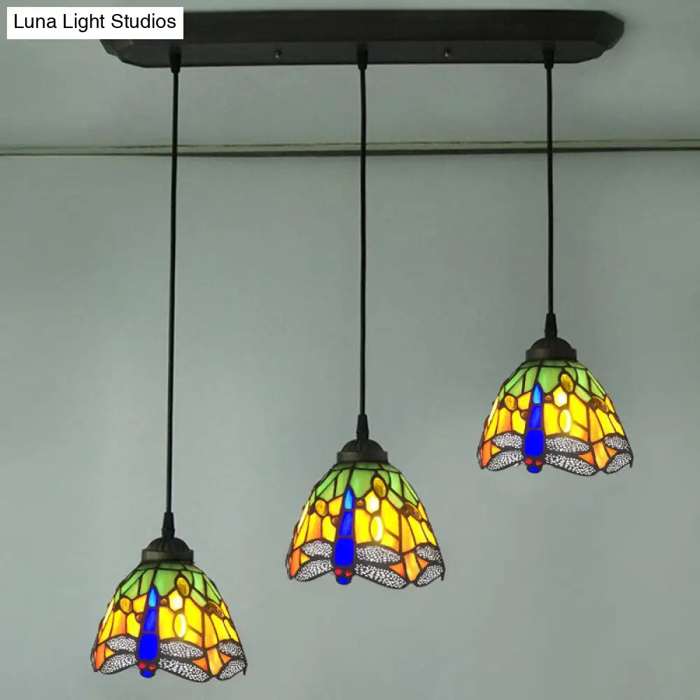 Mediterranean Pendant Lighting Fixture With Dragonfly Pattern - Cut Glass Drop Lamp Dome (3-Bulb)