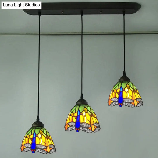 Mediterranean Pendant Lighting Fixture With Dragonfly Pattern - Cut Glass Drop Lamp Dome (3-Bulb)