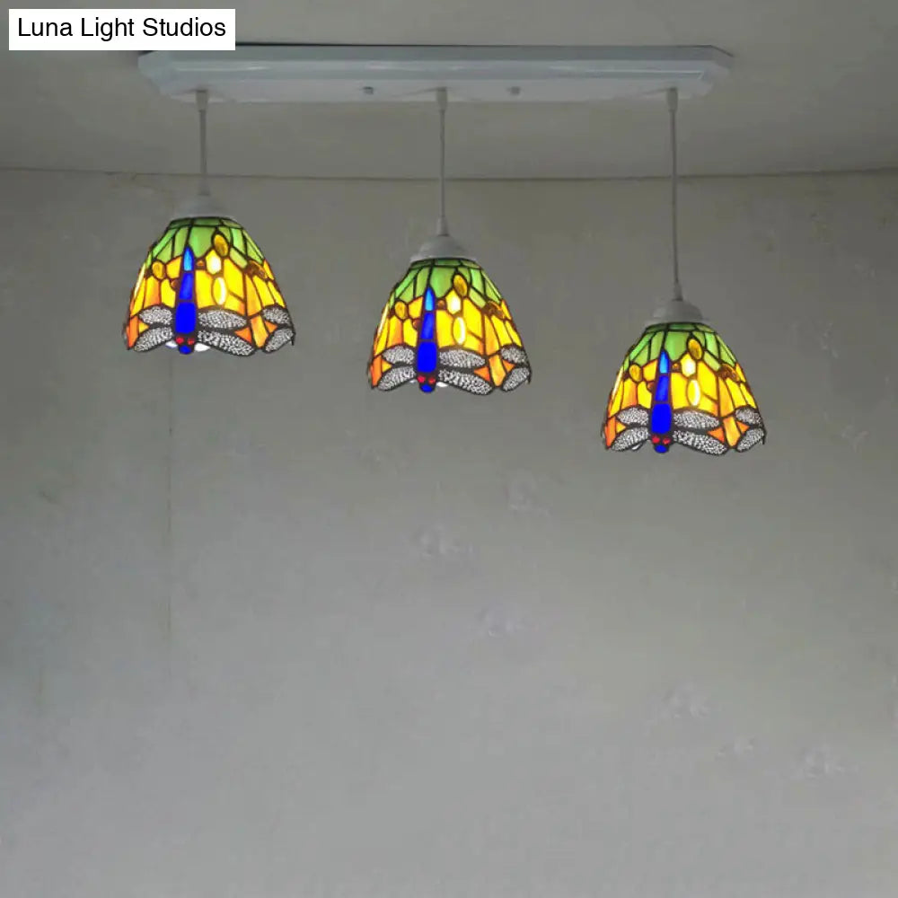 Mediterranean Pendant Lighting Fixture With Dragonfly Pattern - Cut Glass Drop Lamp Dome (3-Bulb)