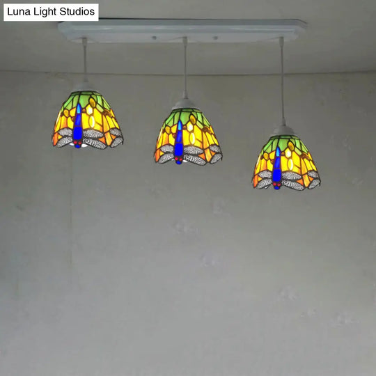 Mediterranean Pendant Lighting Fixture With Dragonfly Pattern - Cut Glass Drop Lamp Dome (3-Bulb)