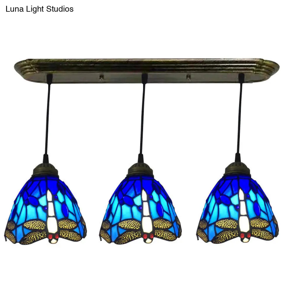 Mediterranean Pendant Lighting Fixture With Dragonfly Pattern - Cut Glass Drop Lamp Dome (3-Bulb)