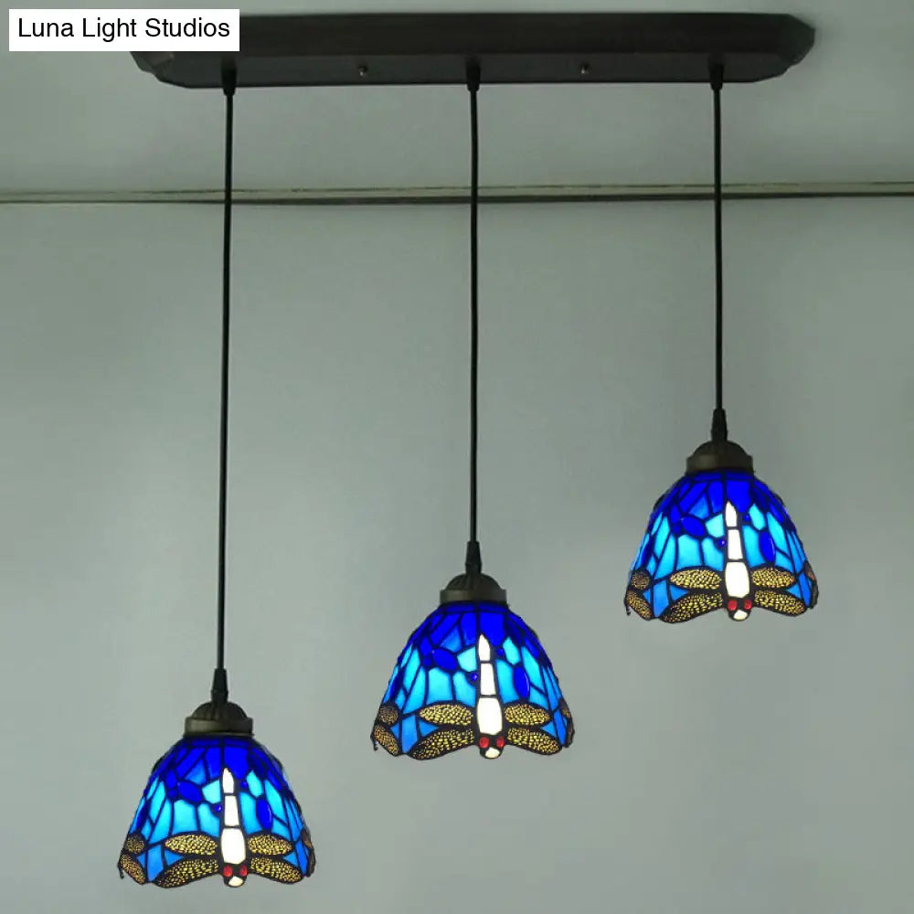 Dragonfly Pattern Cut Glass Pendant Lamp With 3 Bulbs - Mediterranean Style