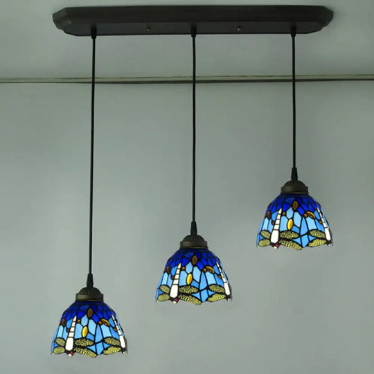 Dragonfly Pattern Cut Glass Pendant Lamp With 3 Bulbs - Mediterranean Style Black / Blue