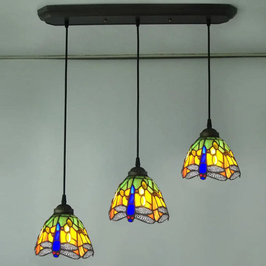 Dragonfly Pattern Cut Glass Pendant Lamp With 3 Bulbs - Mediterranean Style Black / Orange