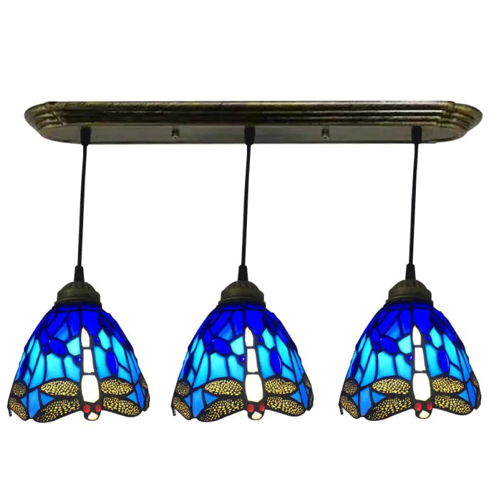 Dragonfly Pattern Cut Glass Pendant Lamp With 3 Bulbs - Mediterranean Style Bronze / Blue