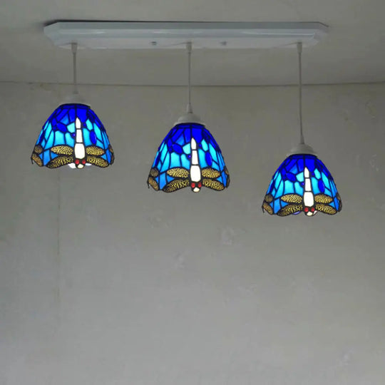 Dragonfly Pattern Cut Glass Pendant Lamp With 3 Bulbs - Mediterranean Style White / Blue