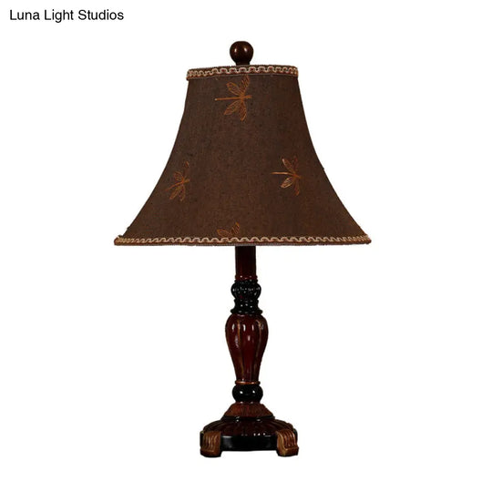 Dragonfly Pattern Desk Lamp In Red Brown With Fabric Bell Shade Rural Style Table Light