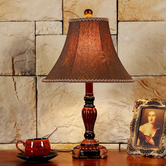 Dragonfly Pattern Desk Lamp In Red Brown With Fabric Bell Shade Rural Style Table Light