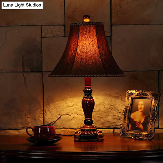 Dragonfly Pattern Desk Lamp In Red Brown With Fabric Bell Shade Rural Style Table Light