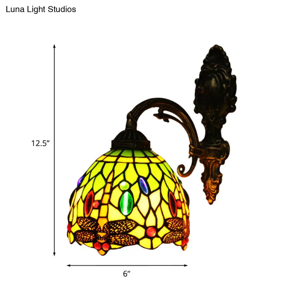 Dragonfly Pattern Stained Art Glass Bronze Sconce - Tiffany Style Wall Mount Light