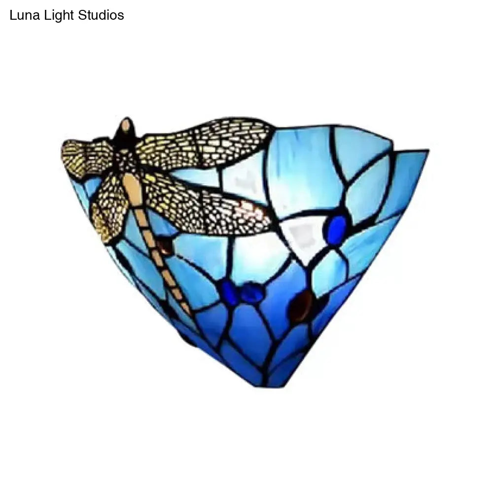 Dragonfly Pattern Stained Glass Bowl Wall Sconce Lighting - Rustic 2-Light Mount