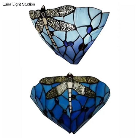 Dragonfly Pattern Stained Glass Bowl Wall Sconce Lighting - Rustic 2-Light Mount