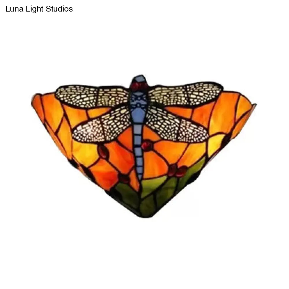 Dragonfly Pattern Stained Glass Bowl Wall Sconce Lighting - Rustic 2-Light Mount