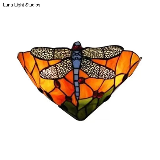 Dragonfly Pattern Stained Glass Bowl Wall Sconce Lighting - Rustic 2-Light Mount