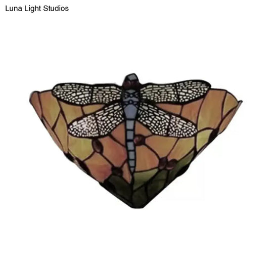 Dragonfly Pattern Stained Glass Bowl Wall Sconce Lighting - Rustic 2-Light Mount