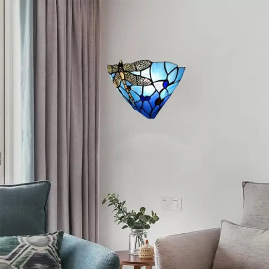 Dragonfly Pattern Stained Glass Bowl Wall Sconce Lighting - Rustic 2-Light Mount Blue