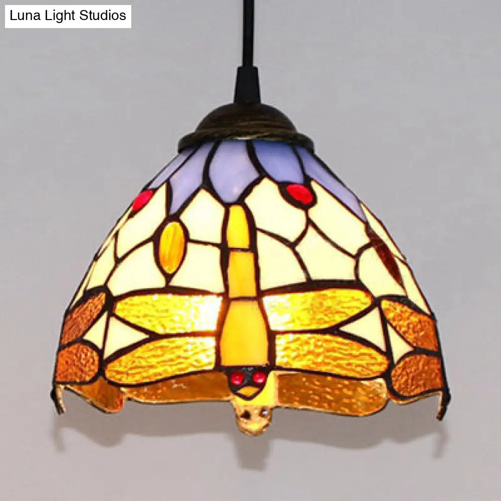 Dragonfly Stained Glass Ceiling Lamp With Domed Suspension - Classic 1-Bulb Hanging Light In Orange