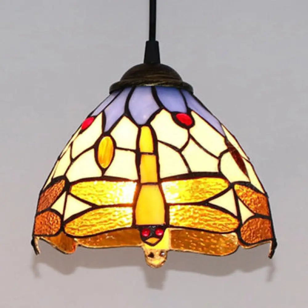 Dragonfly Patterned Stained Glass Dome Suspension Lamp - Classic Ceiling Hanging Light Orange