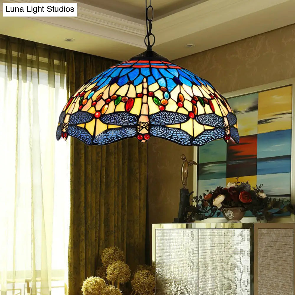 Dragonfly Pendant Light Tiffany Stained Glass Ceiling Lighting - 2 Heads Yellow-Blue Design For