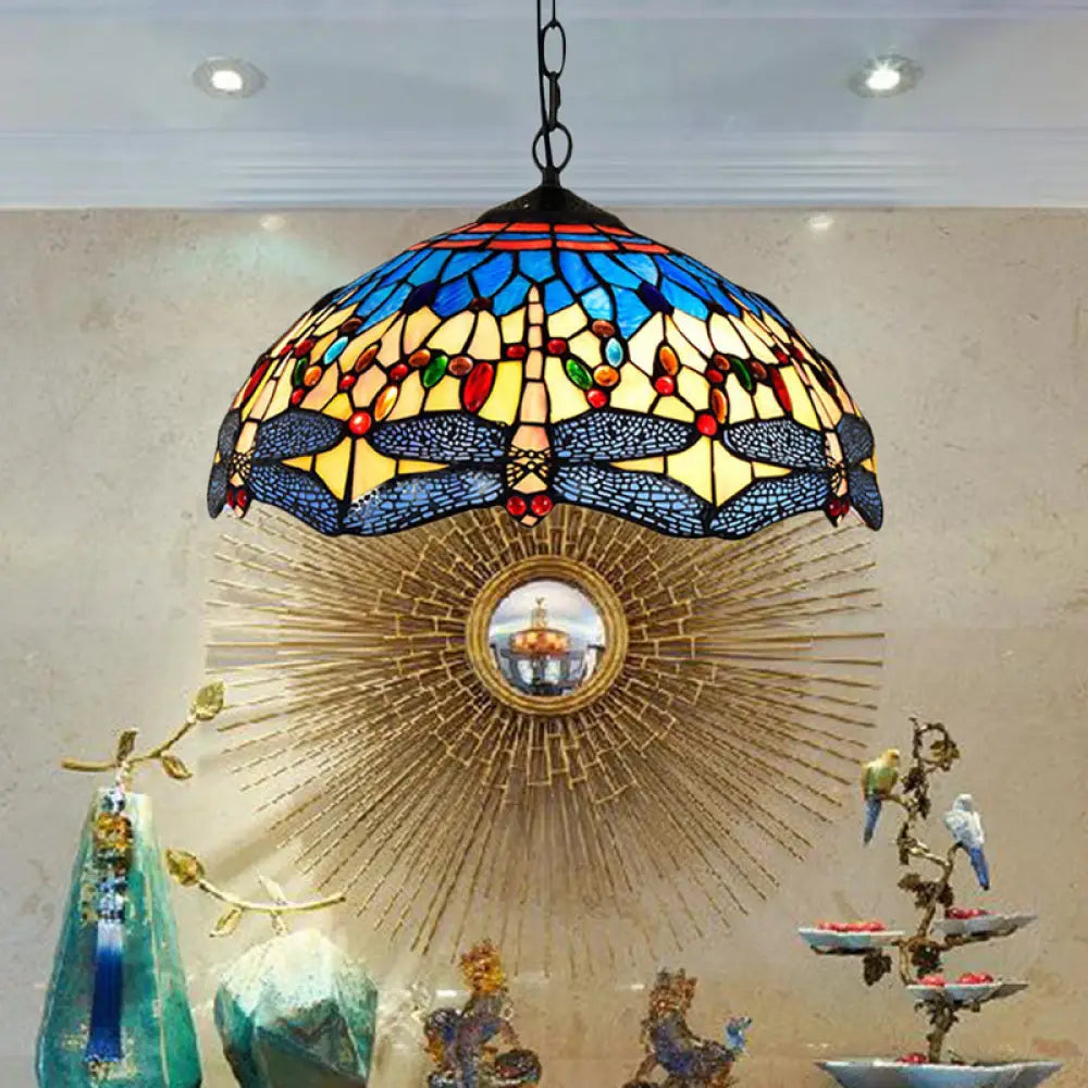 Dragonfly Pendant Light Tiffany Stained Glass Ceiling Lighting - 2 Heads Yellow-Blue Design For