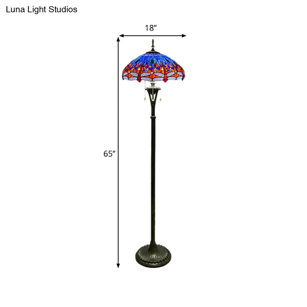 Dragonfly Reading Floor Lamp - Stained Glass Baroque Design 3 Heads Yellow/Blue/Green Pull Chain