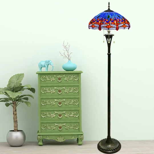 Dragonfly Reading Floor Lamp - Stained Glass Baroque Design 3 Heads Yellow/Blue/Green Pull Chain