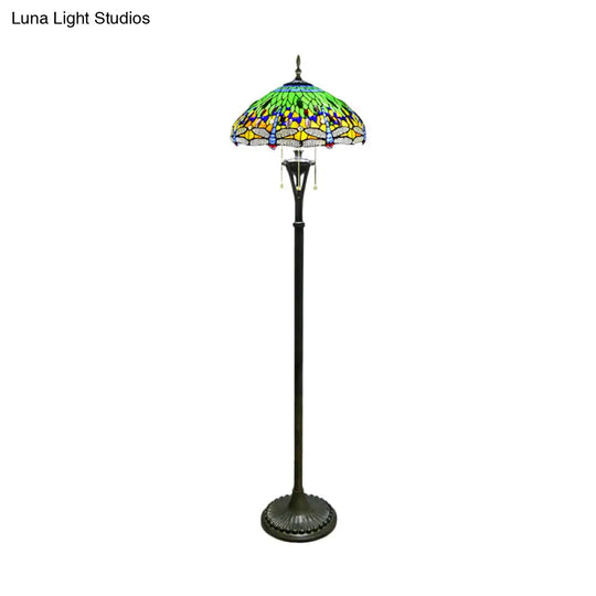 Dragonfly Reading Floor Lamp - Stained Glass Baroque Design 3 Heads Yellow/Blue/Green Pull Chain