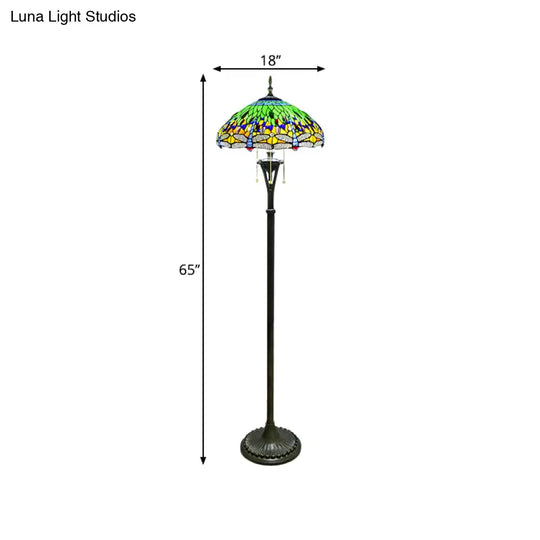 Dragonfly Reading Floor Lamp - Stained Glass Baroque Design 3 Heads Yellow/Blue/Green Pull Chain