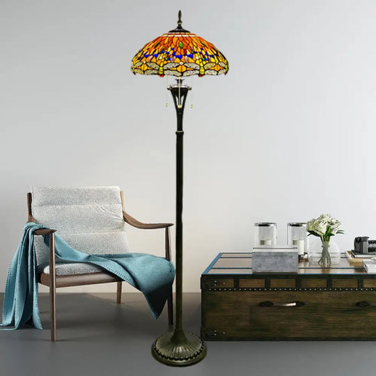 Dragonfly Reading Floor Lamp - Stained Glass Baroque Design 3 Heads Yellow/Blue/Green Pull Chain