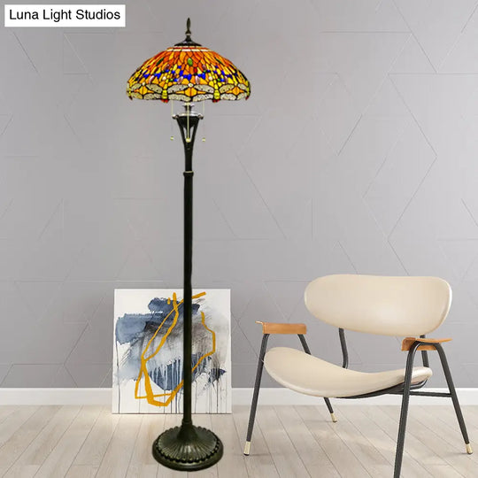 Dragonfly Reading Floor Lamp - Stained Glass Baroque Design 3 Heads Yellow/Blue/Green Pull Chain