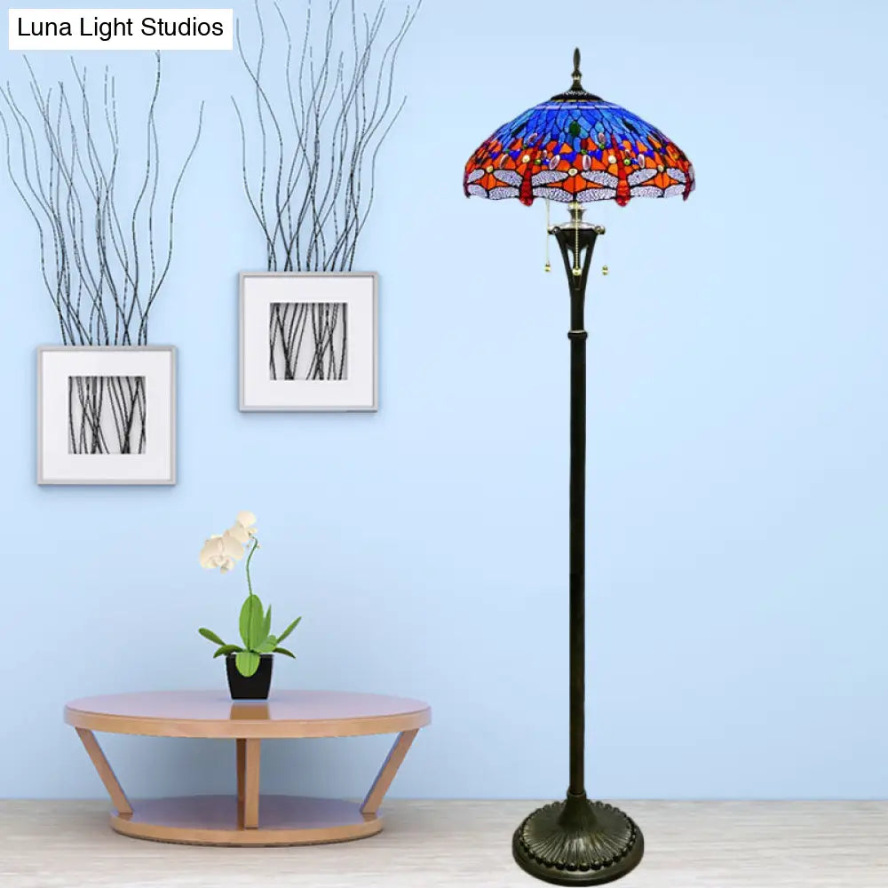 Dragonfly Reading Floor Lamp - Stained Glass Baroque Design 3 Heads Yellow/Blue/Green Pull Chain