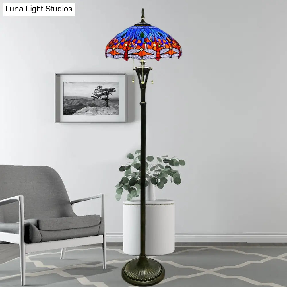 Dragonfly Reading Floor Lamp - Stained Glass Baroque Design 3 Heads Yellow/Blue/Green Pull Chain