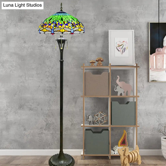 Dragonfly Reading Floor Lamp - Stained Glass Baroque Design 3 Heads Yellow/Blue/Green Pull Chain