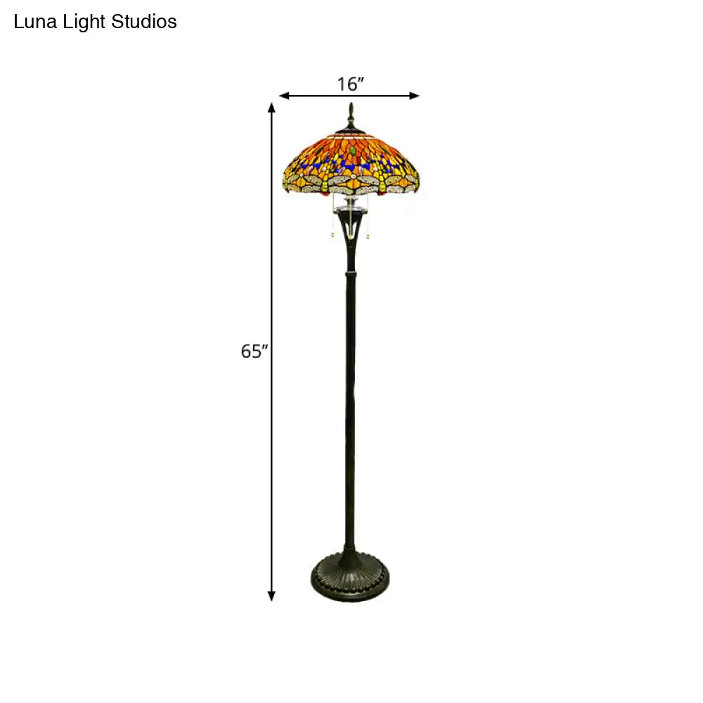 Dragonfly Reading Floor Lamp - Stained Glass Baroque Design 3 Heads Yellow/Blue/Green Pull Chain