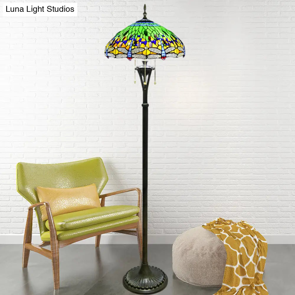 Dragonfly Reading Floor Lamp - Stained Glass Baroque Design 3 Heads Yellow/Blue/Green Pull Chain