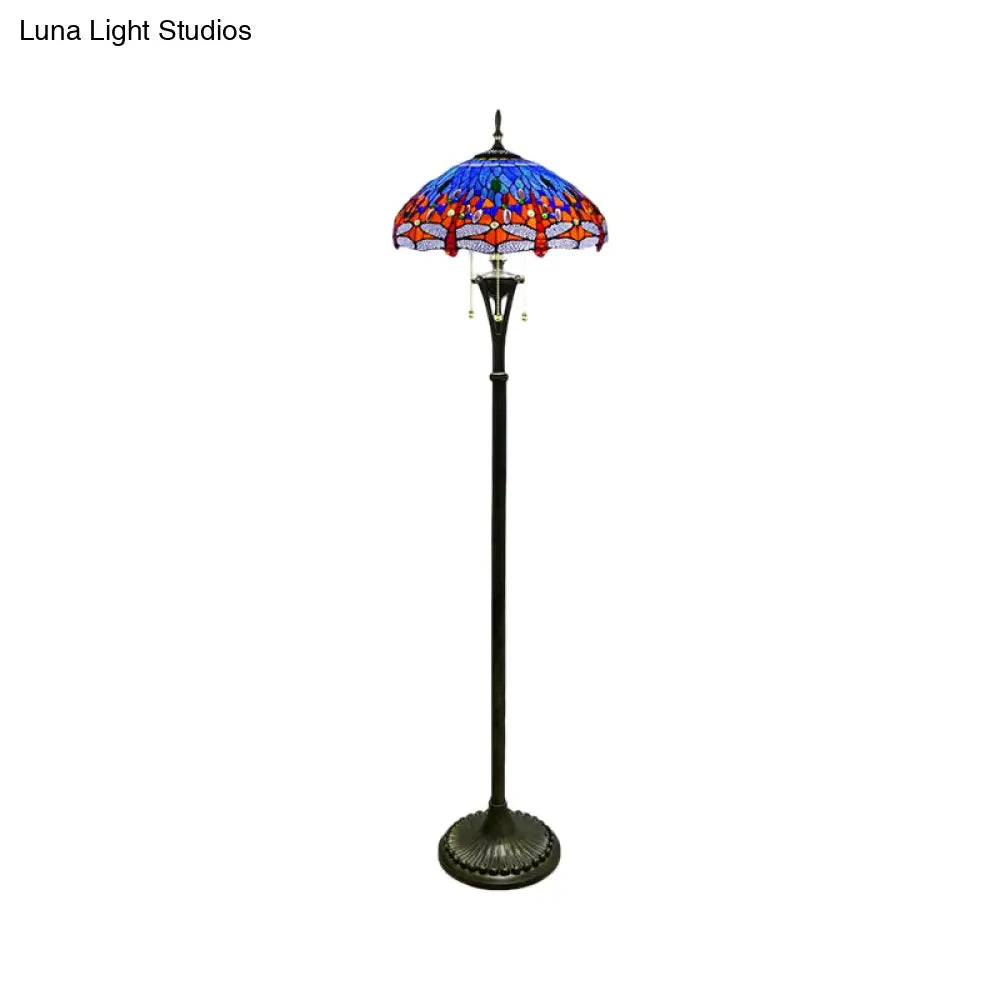 Dragonfly Reading Floor Lamp - Stained Glass Baroque Design 3 Heads Yellow/Blue/Green Pull Chain