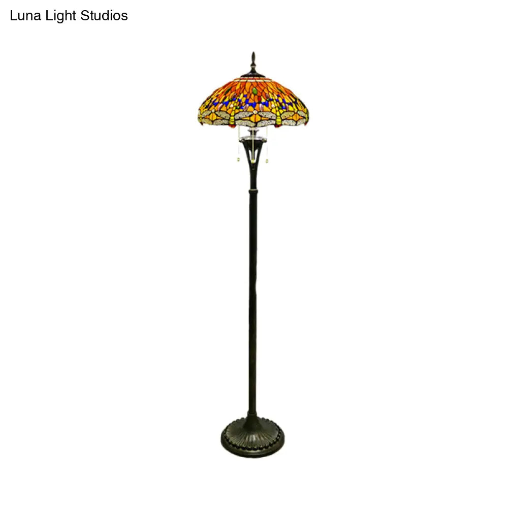 Dragonfly Reading Floor Lamp - Stained Glass Baroque Design 3 Heads Yellow/Blue/Green Pull Chain