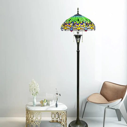 Dragonfly Reading Floor Lamp - Stained Glass Baroque Design 3 Heads Yellow/Blue/Green Pull Chain