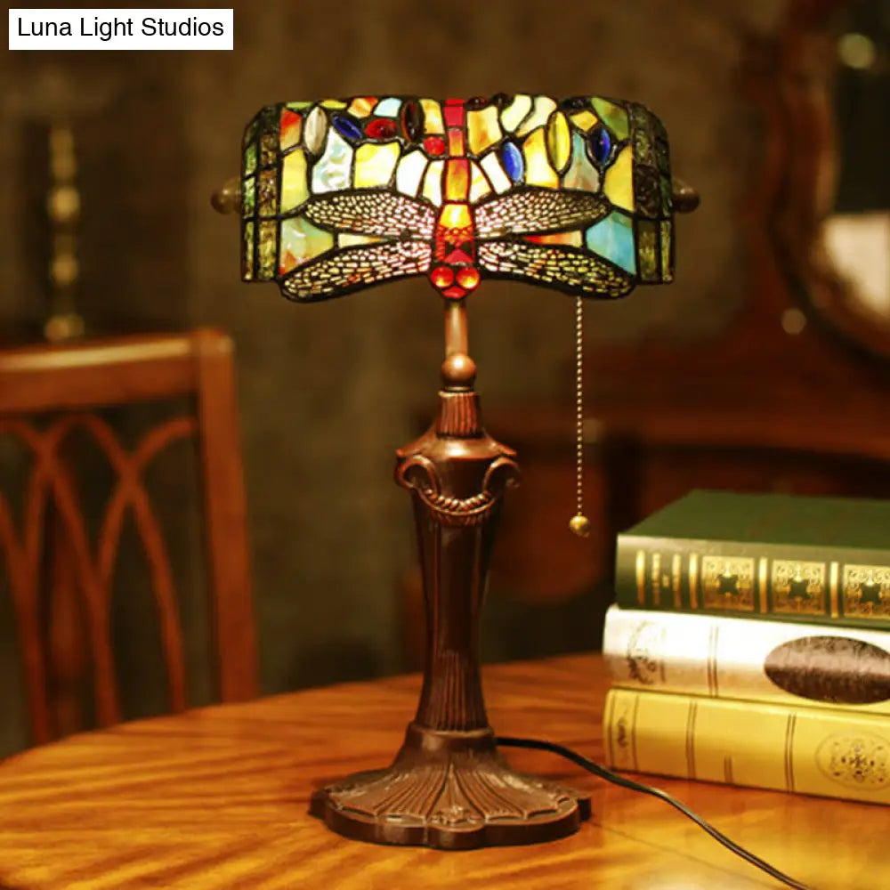 Dragonfly Stained Glass Banker Desk Lamp - Blue Victorian Nightstand Light With Pull Chain