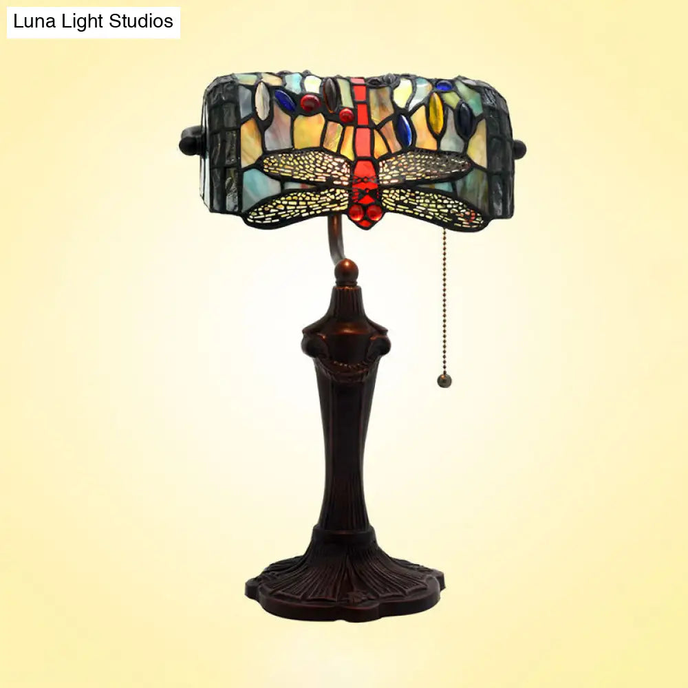 Dragonfly Stained Glass Banker Desk Lamp - Blue Victorian Nightstand Light With Pull Chain