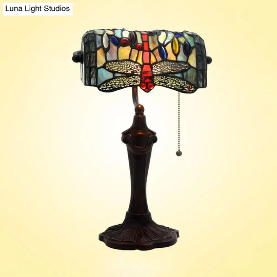 Dragonfly Stained Glass Banker Desk Lamp - Blue Victorian Nightstand Light With Pull Chain