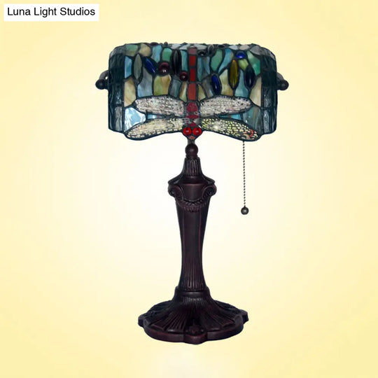 Dragonfly Stained Glass Banker Desk Lamp - Blue Victorian Nightstand Light With Pull Chain