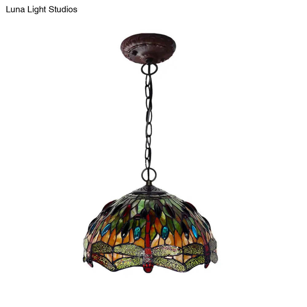 Dragonfly Stained Glass Bowl Pendant Light - Green Mediterranean Hanging Lamp Kit
