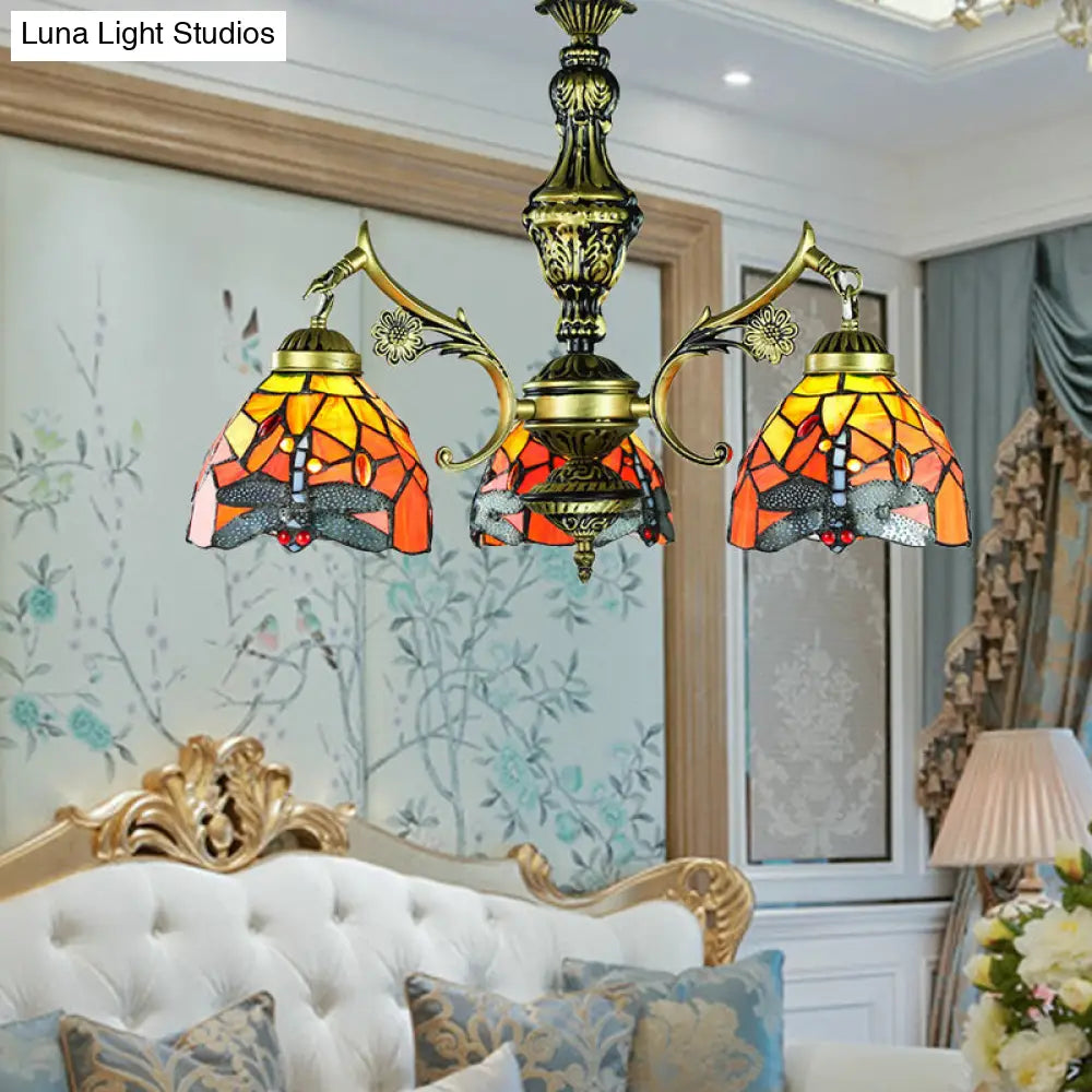 Lodge Dragonfly Stained Glass Chandelier Light 3-Light Pendant For Dining Room Orange