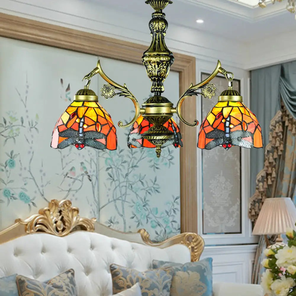 Dragonfly Stained Glass Chandelier With 3 Pendant Lights For Dining Room Orange