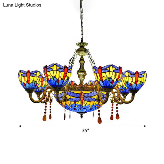 Dragonfly Chandelier With Stained Glass Shade And Crystal Decor For Living Room Ceiling