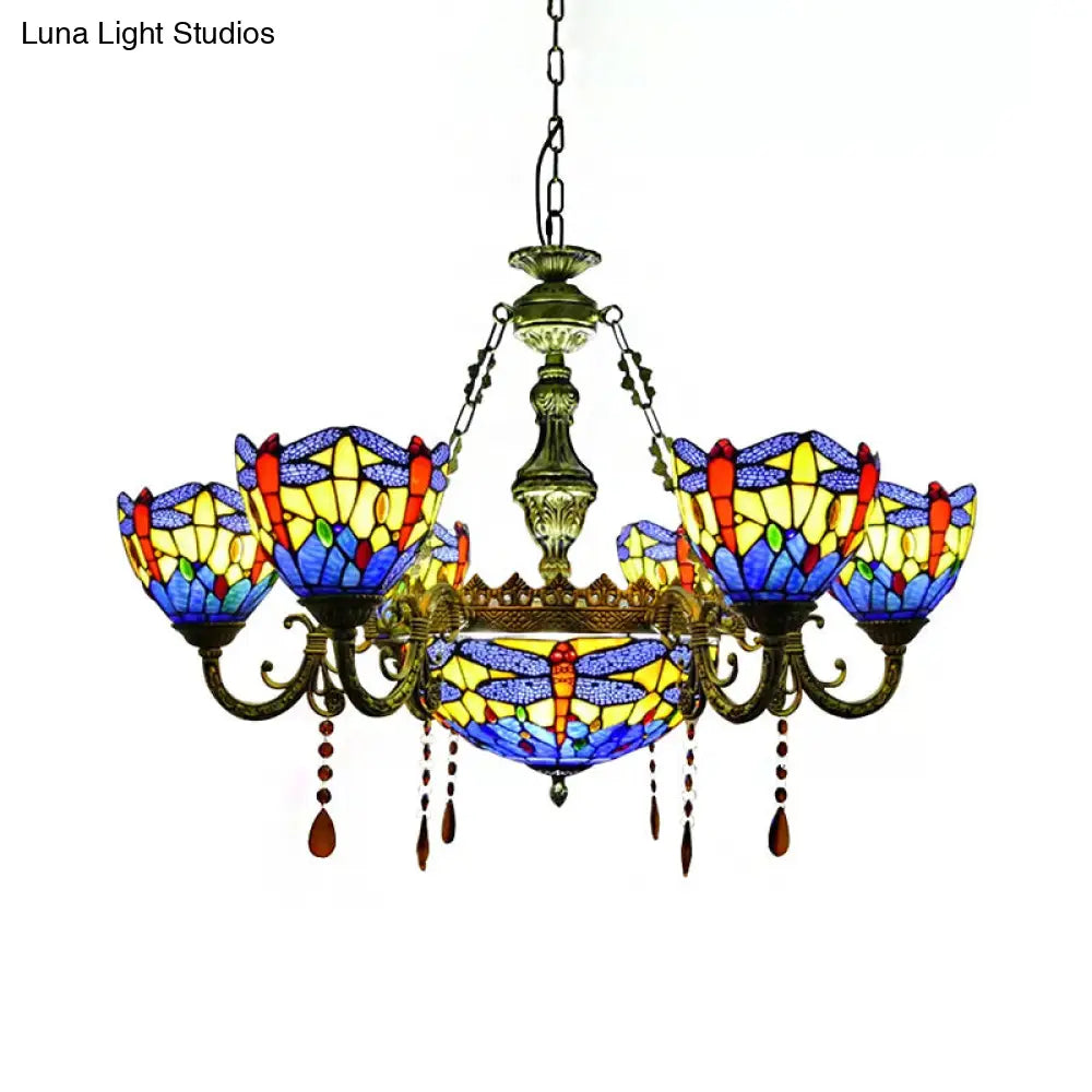 Dragonfly Chandelier With Stained Glass Shade And Crystal Decor For Living Room Ceiling