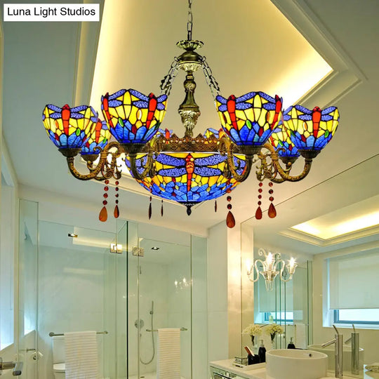 Dragonfly Chandelier With Stained Glass Shade And Crystal Decor For Living Room Ceiling