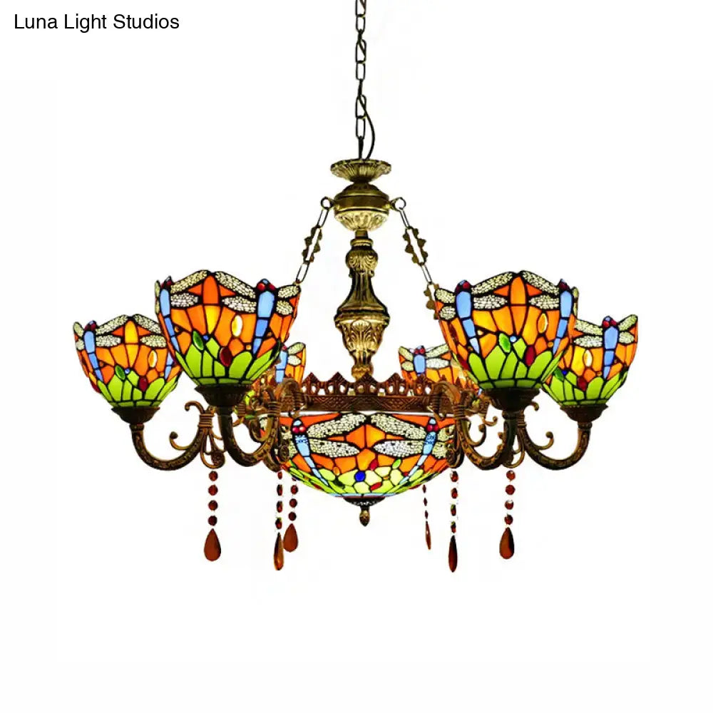 Dragonfly Chandelier With Stained Glass Shade And Crystal Decor For Living Room Ceiling