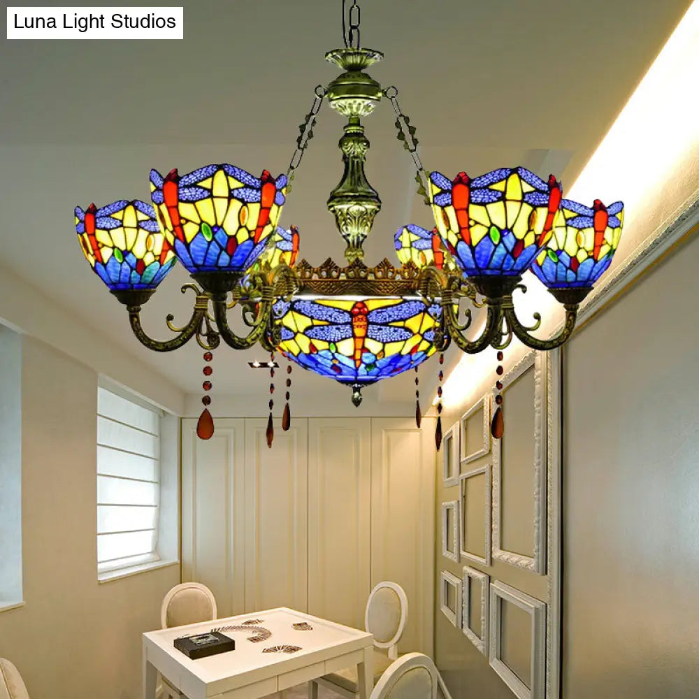 Dragonfly Chandelier With Stained Glass Shade And Crystal Decor For Living Room Ceiling 7 / Blue